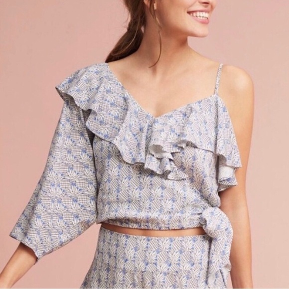 Anthropologie Maeve Pineapple Wrapped Ruffle Crop Size Medium - Picture 3 of 10